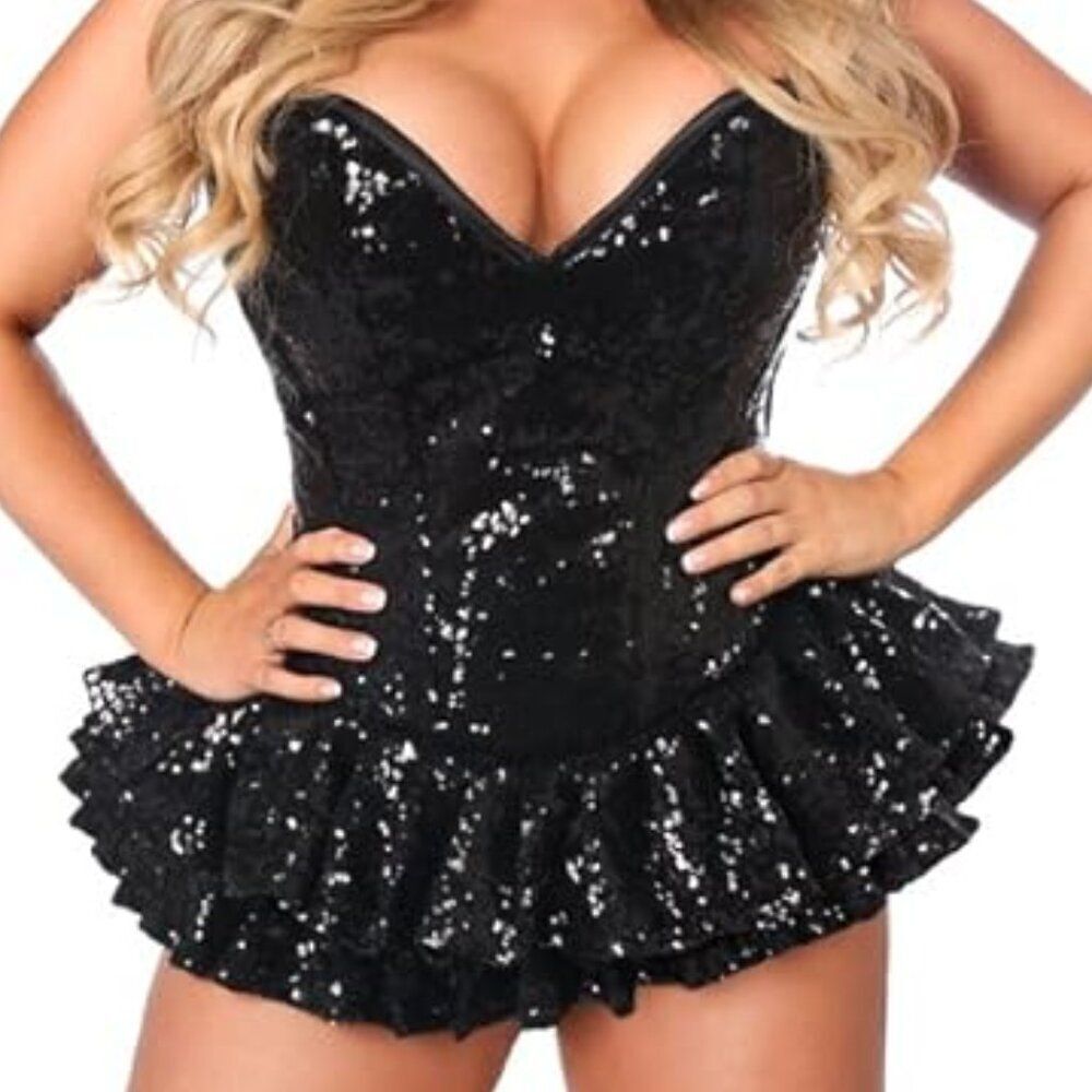 31"-34" XL Steel Bone black ruffled corset mini dress Top Drawer Daisy Corsets
